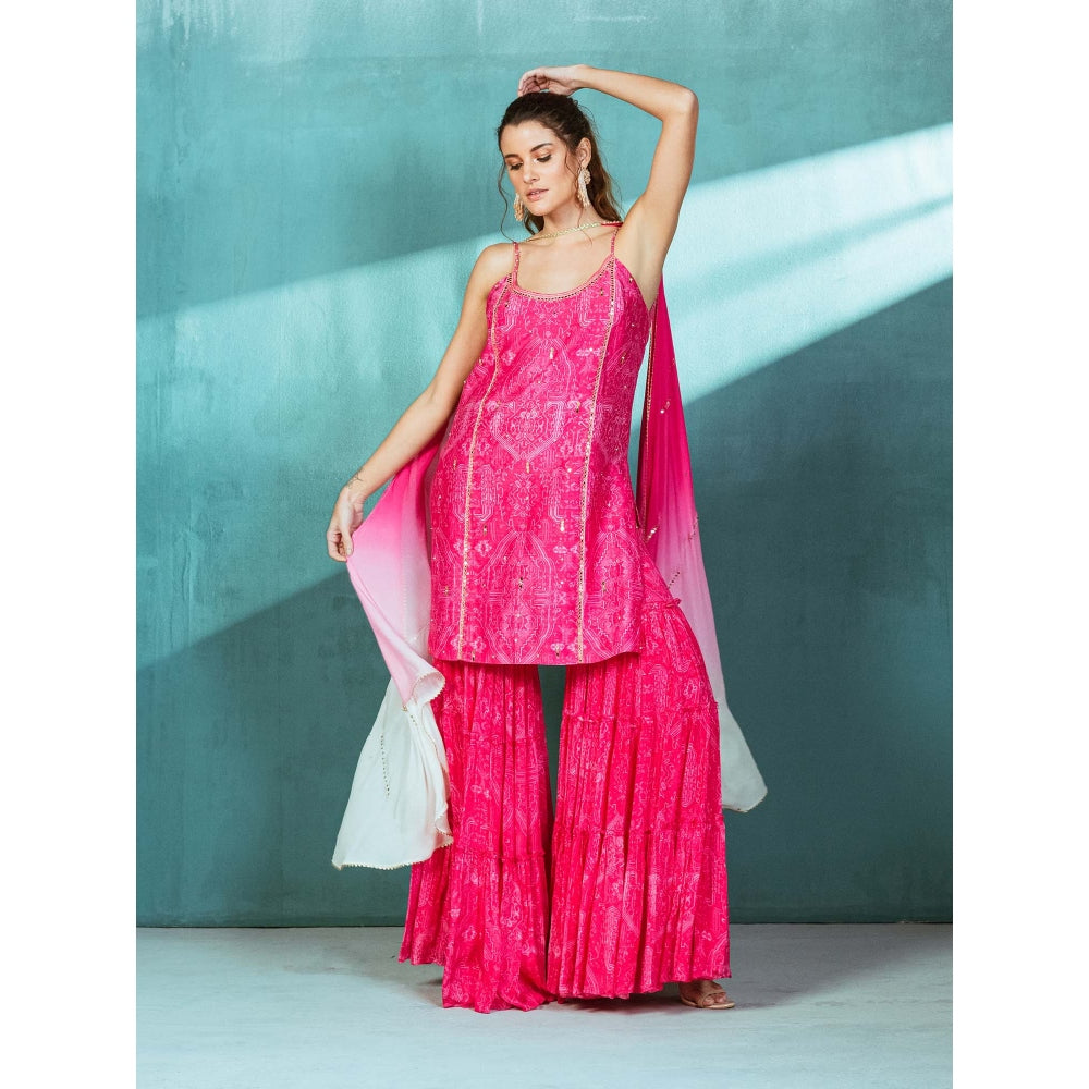 MANDIRA WIRK Fuschia Pink Chanderi Kurta Sharara (Set of 3)