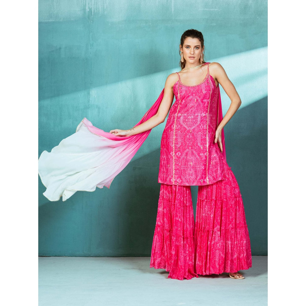 MANDIRA WIRK Fuschia Pink Chanderi Kurta Sharara (Set of 3)