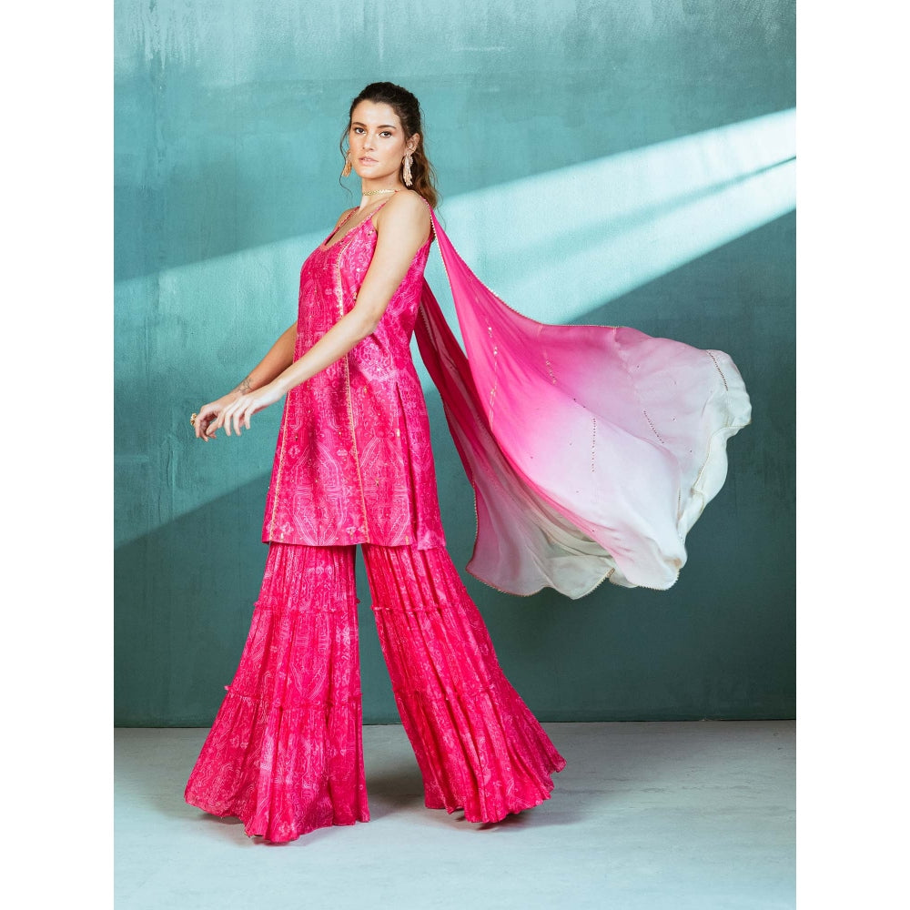 MANDIRA WIRK Fuschia Pink Chanderi Kurta Sharara (Set of 3)