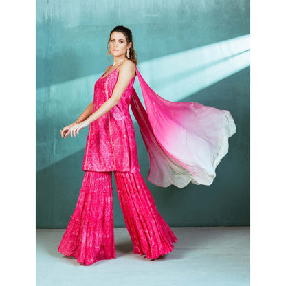 MANDIRA WIRK Fuschia Pink Chanderi Kurta Sharara (Set of 3)