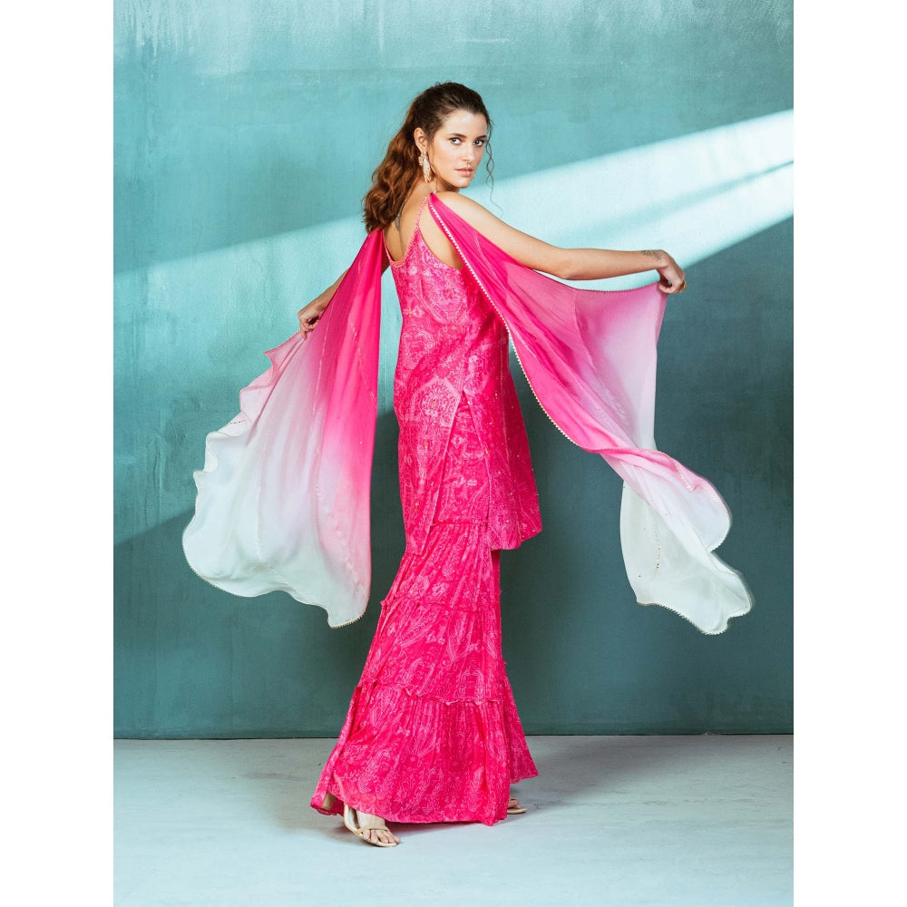 MANDIRA WIRK Fuschia Pink Chanderi Kurta Sharara (Set of 3)