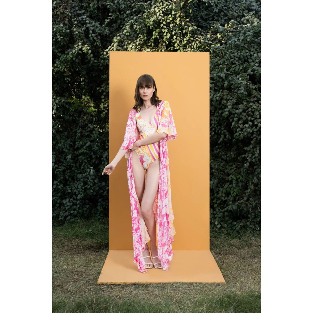 MANDIRA WIRK Orchid and Daisy Printed Cutout Bodysuit with Chiffon Long Cape (Set of 2)