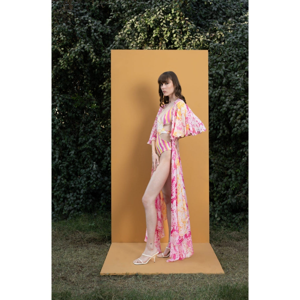 MANDIRA WIRK Orchid and Daisy Printed Cutout Bodysuit with Chiffon Long Cape (Set of 2)