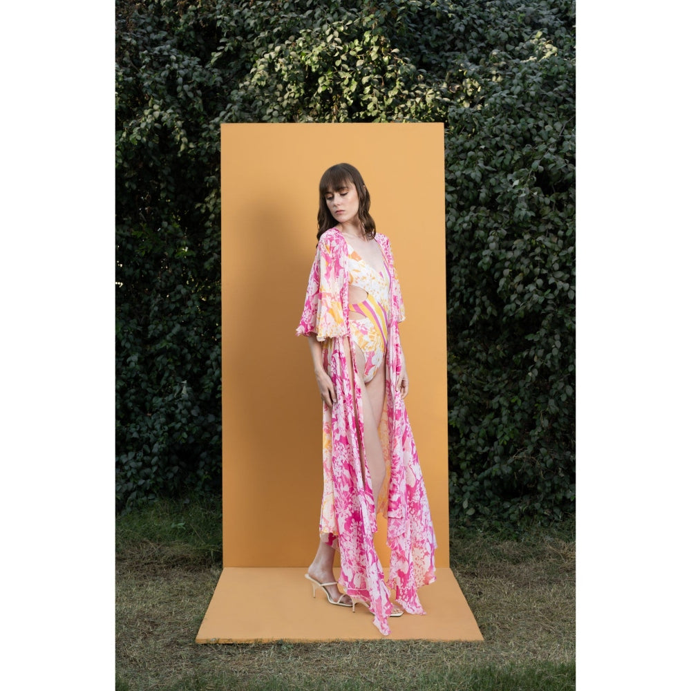 MANDIRA WIRK Orchid and Daisy Printed Cutout Bodysuit with Chiffon Long Cape (Set of 2)