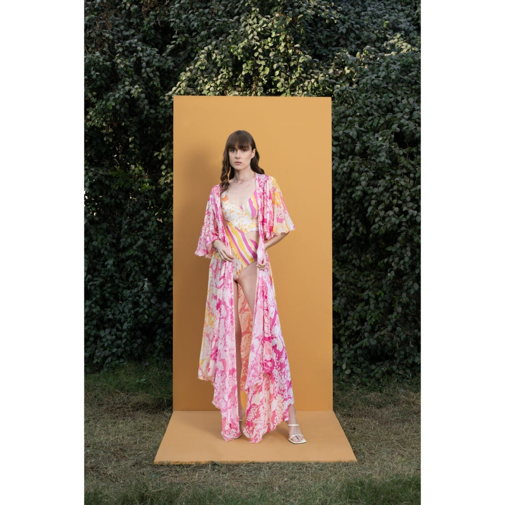 MANDIRA WIRK Orchid and Daisy Printed Cutout Bodysuit with Chiffon Long Cape (Set of 2)