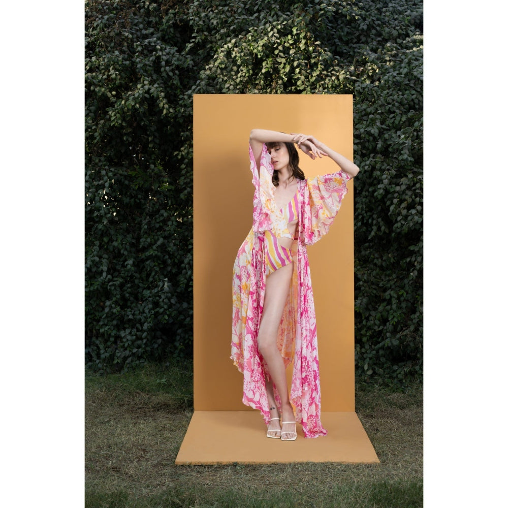 MANDIRA WIRK Orchid and Daisy Printed Cutout Bodysuit with Chiffon Long Cape (Set of 2)