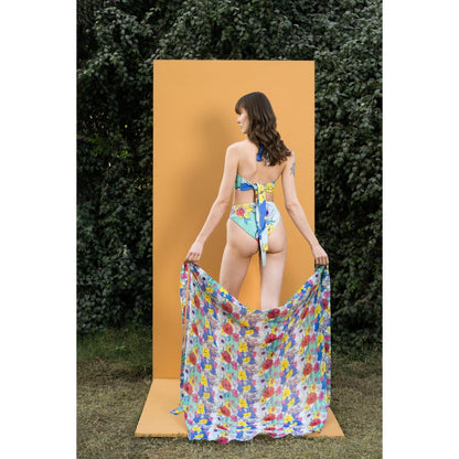 MANDIRA WIRK Hibiscus Printed Body Suit with Long Chiffon Sarong (Set of 2)