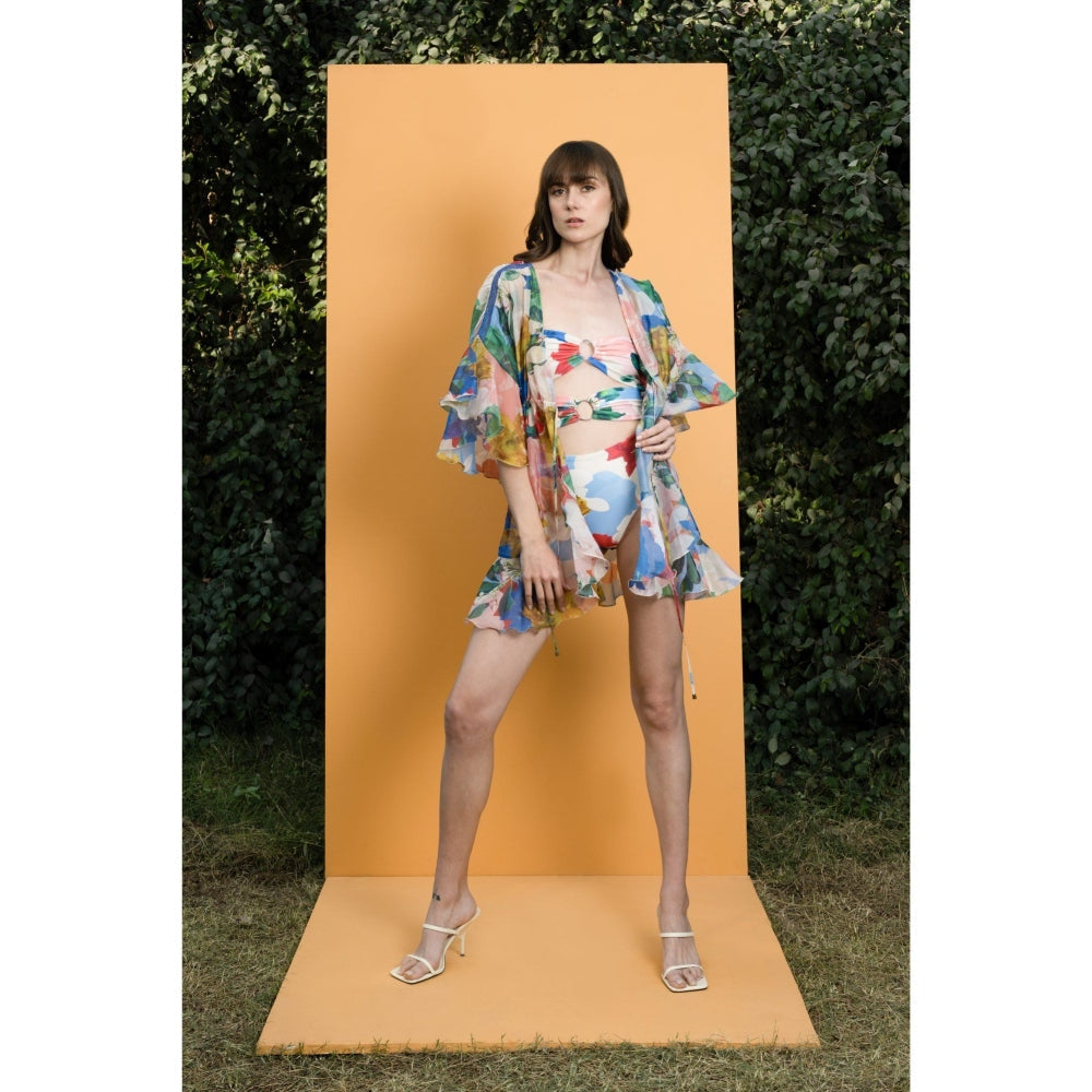 MANDIRA WIRK Hibiscus Printed Off Shoulder Bodysuit with Printed Organza Cover Up (Set of 2)