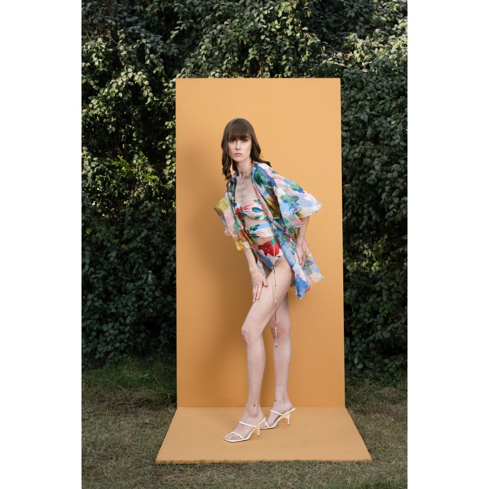 MANDIRA WIRK Hibiscus Printed Off Shoulder Bodysuit with Printed Organza Cover Up (Set of 2)