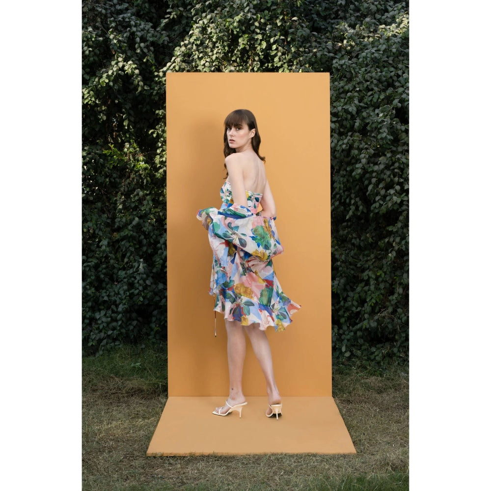 MANDIRA WIRK Hibiscus Printed Off Shoulder Bodysuit with Printed Organza Cover Up (Set of 2)