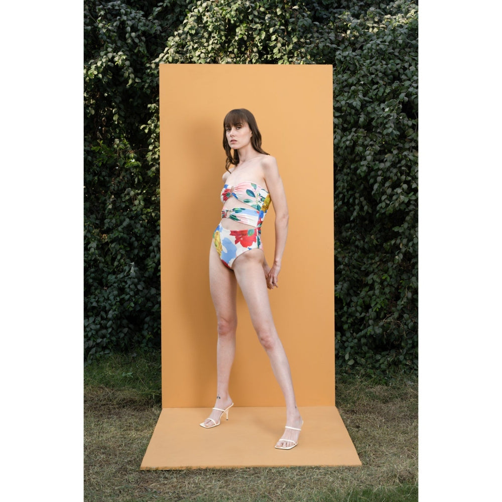 MANDIRA WIRK Hibiscus Printed Off Shoulder Bodysuit with Printed Organza Cover Up (Set of 2)