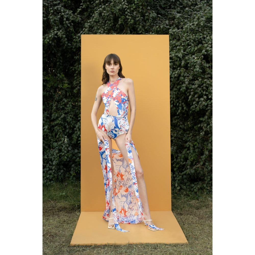 MANDIRA WIRK Blue Mist Printed Bodysuit with Printed Chiffon Sarong (Set of 2)