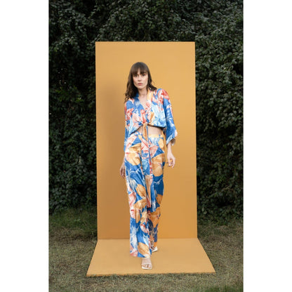 MANDIRA WIRK Hawaii Printed Satin Wrap Top with Bell Bottom Pants (Set of 2)