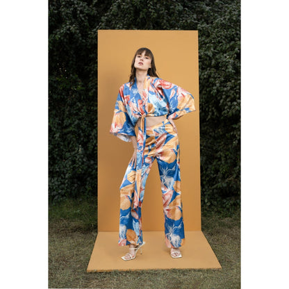 MANDIRA WIRK Hawaii Printed Satin Wrap Top with Bell Bottom Pants (Set of 2)