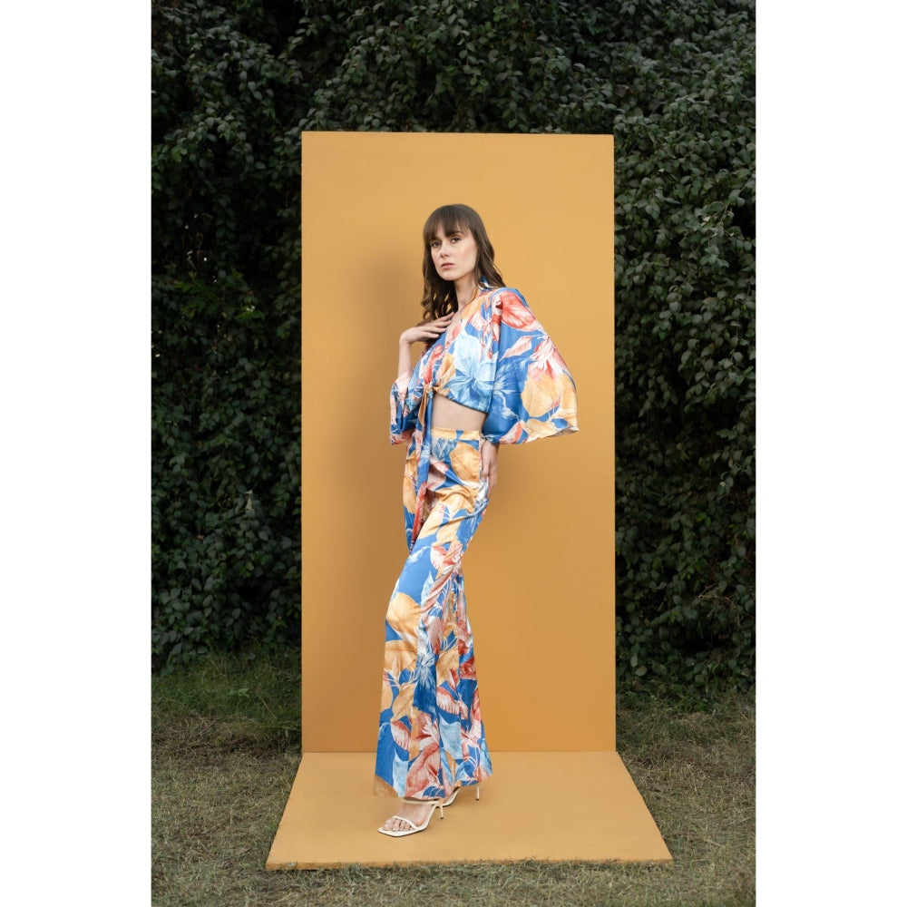 MANDIRA WIRK Hawaii Printed Satin Wrap Top with Bell Bottom Pants (Set of 2)