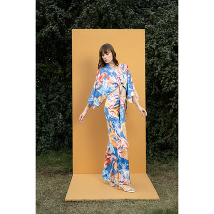 MANDIRA WIRK Hawaii Printed Satin Wrap Top with Bell Bottom Pants (Set of 2)