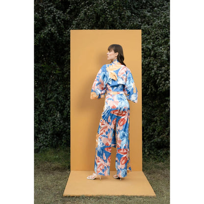 MANDIRA WIRK Hawaii Printed Satin Wrap Top with Bell Bottom Pants (Set of 2)