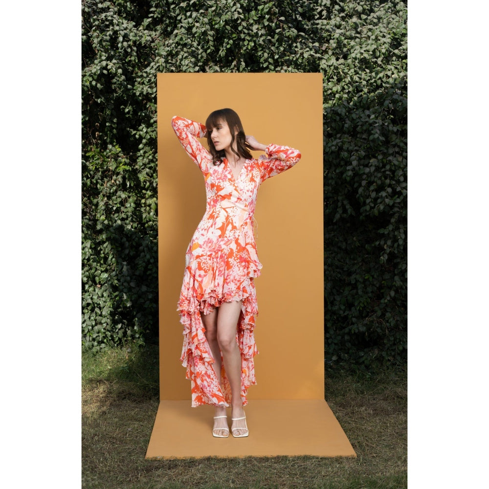 MANDIRA WIRK Maple Leaves Printed Chiffon High Low Wrap Dress