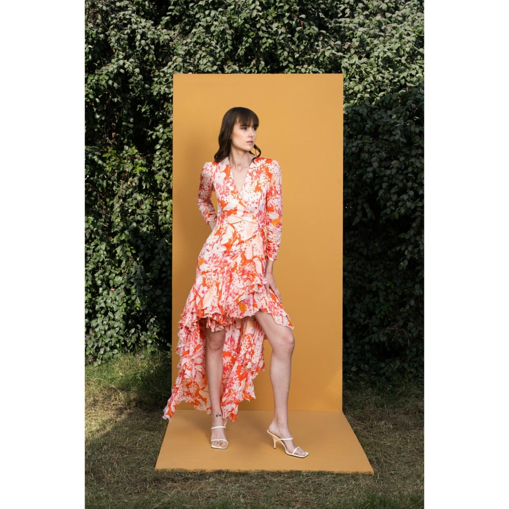 MANDIRA WIRK Maple Leaves Printed Chiffon High Low Wrap Dress