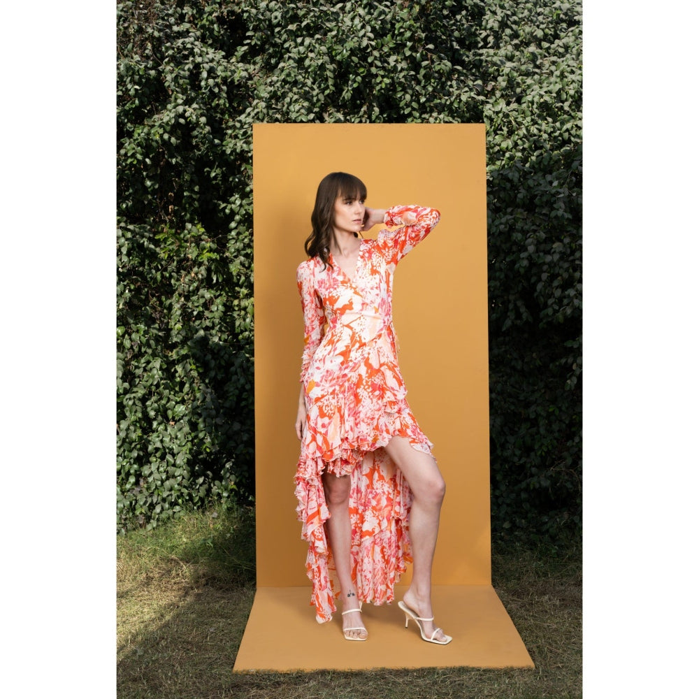 MANDIRA WIRK Maple Leaves Printed Chiffon High Low Wrap Dress