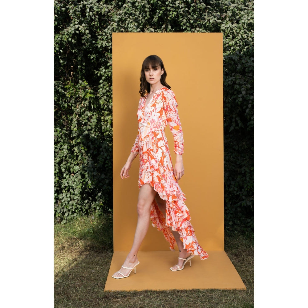 MANDIRA WIRK Maple Leaves Printed Chiffon High Low Wrap Dress