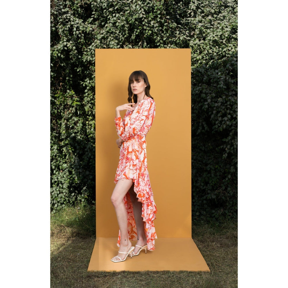 MANDIRA WIRK Maple Leaves Printed Chiffon High Low Wrap Dress