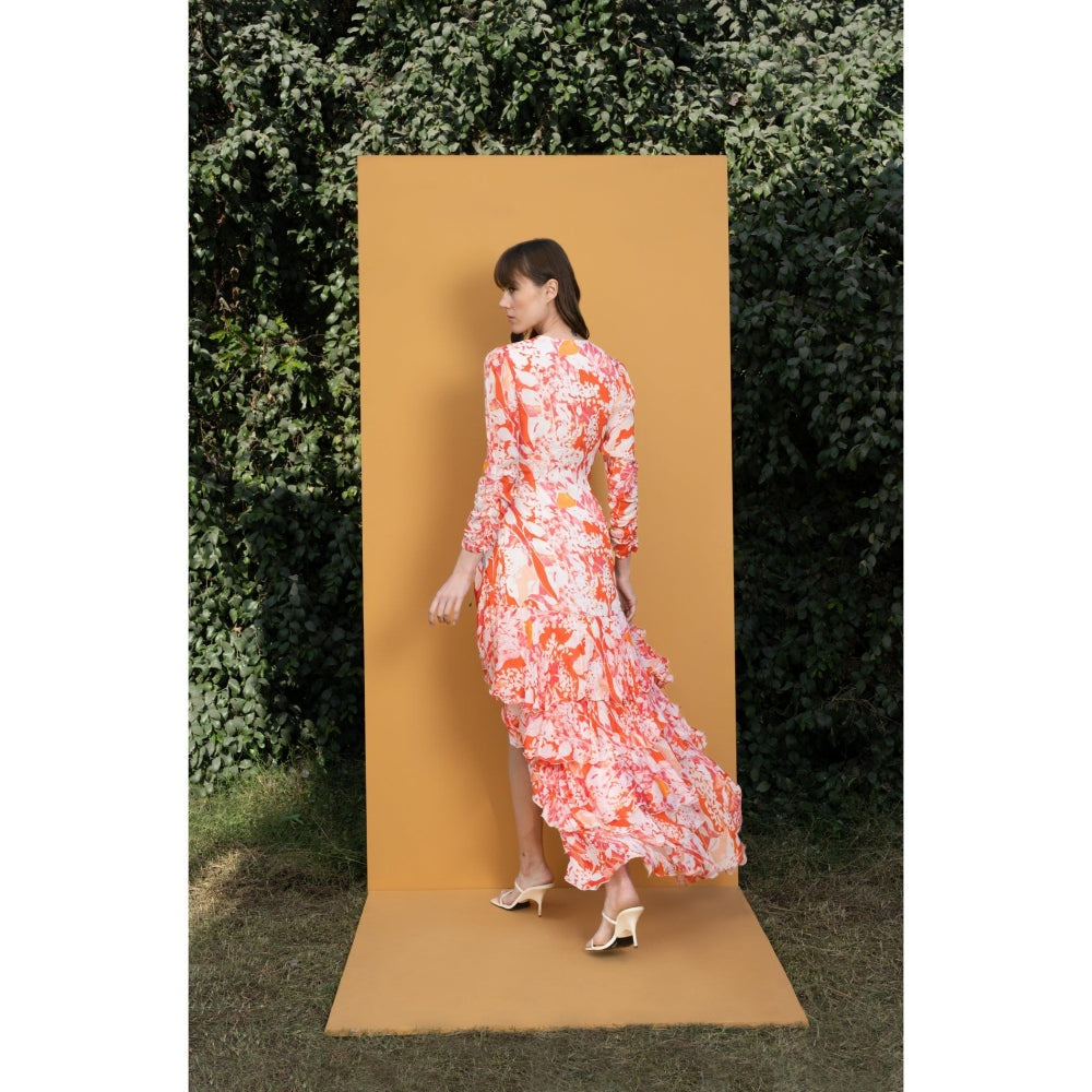 MANDIRA WIRK Maple Leaves Printed Chiffon High Low Wrap Dress