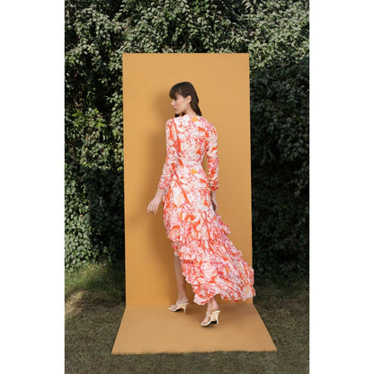 MANDIRA WIRK Maple Leaves Printed Chiffon High Low Wrap Dress