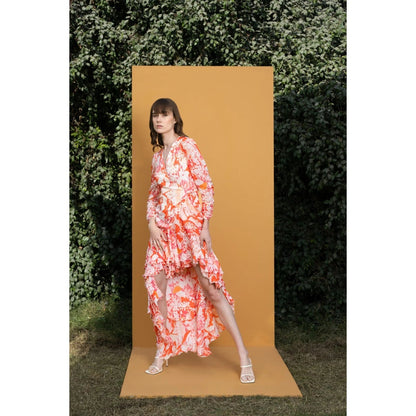 MANDIRA WIRK Maple Leaves Printed Chiffon High Low Wrap Dress