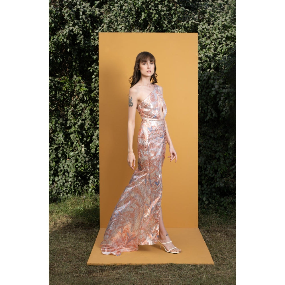 MANDIRA WIRK Willow Printed Sequins One Shoulder Long Dress with Ruching and Slit