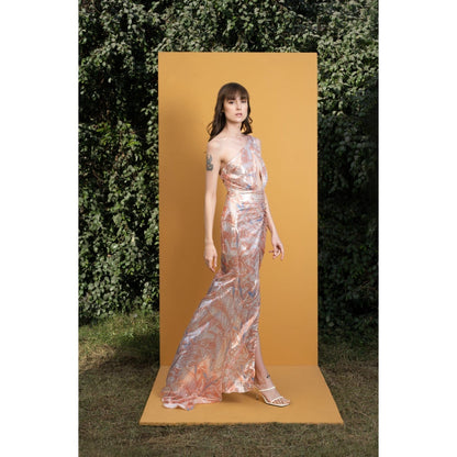 MANDIRA WIRK Willow Printed Sequins One Shoulder Long Dress with Ruching and Slit