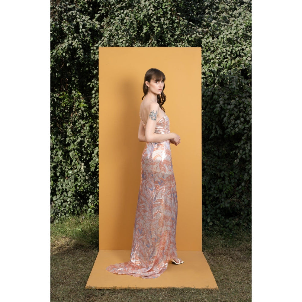 MANDIRA WIRK Willow Printed Sequins One Shoulder Long Dress with Ruching and Slit