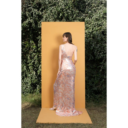 MANDIRA WIRK Willow Printed Sequins One Shoulder Long Dress with Ruching and Slit