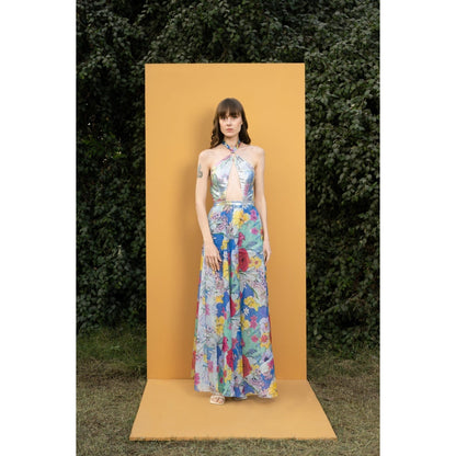 MANDIRA WIRK Hibiscus Printed Sequins Romper Gown