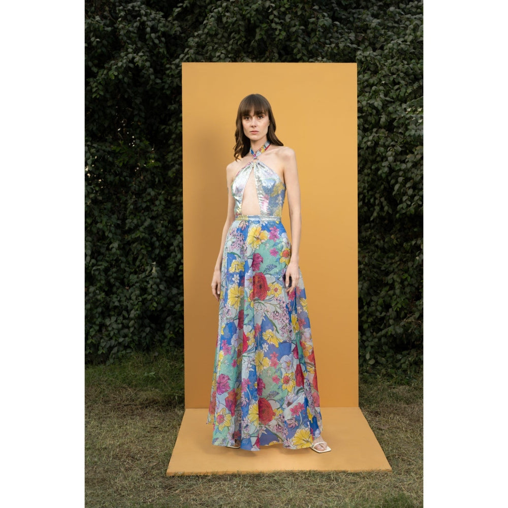 MANDIRA WIRK Hibiscus Printed Sequins Romper Gown
