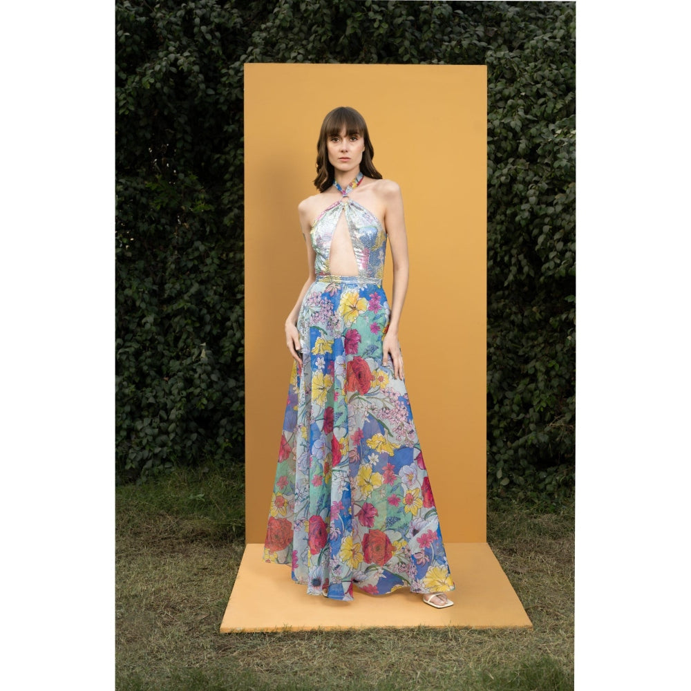 MANDIRA WIRK Hibiscus Printed Sequins Romper Gown