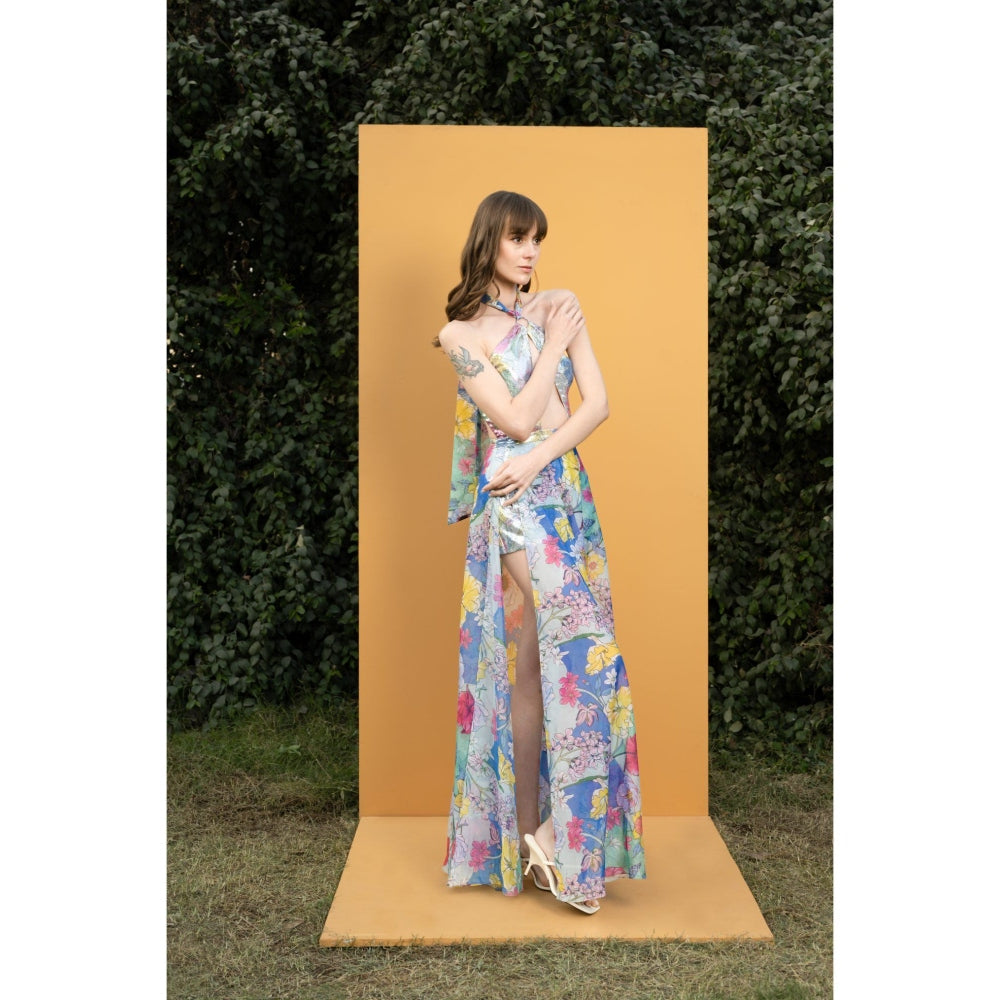 MANDIRA WIRK Hibiscus Printed Sequins Romper Gown
