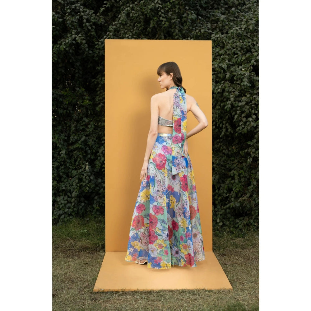 MANDIRA WIRK Hibiscus Printed Sequins Romper Gown