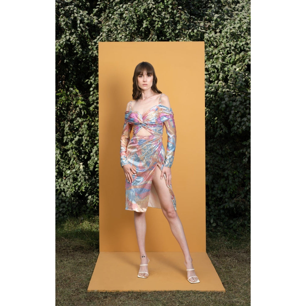 MANDIRA WIRK Pop Abstract Draped Sequins Printed Short Dress with Slit and Straps