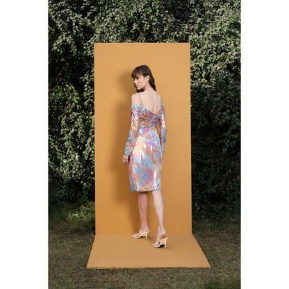 MANDIRA WIRK Pop Abstract Draped Sequins Printed Short Dress with Slit and Straps