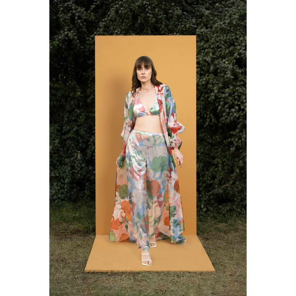 MANDIRA WIRK Hibiscus Printed Sequins Bustier And Pants with Organza Cape (Set of 3)