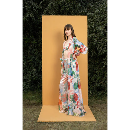 MANDIRA WIRK Hibiscus Printed Sequins Bustier And Pants with Organza Cape (Set of 3)