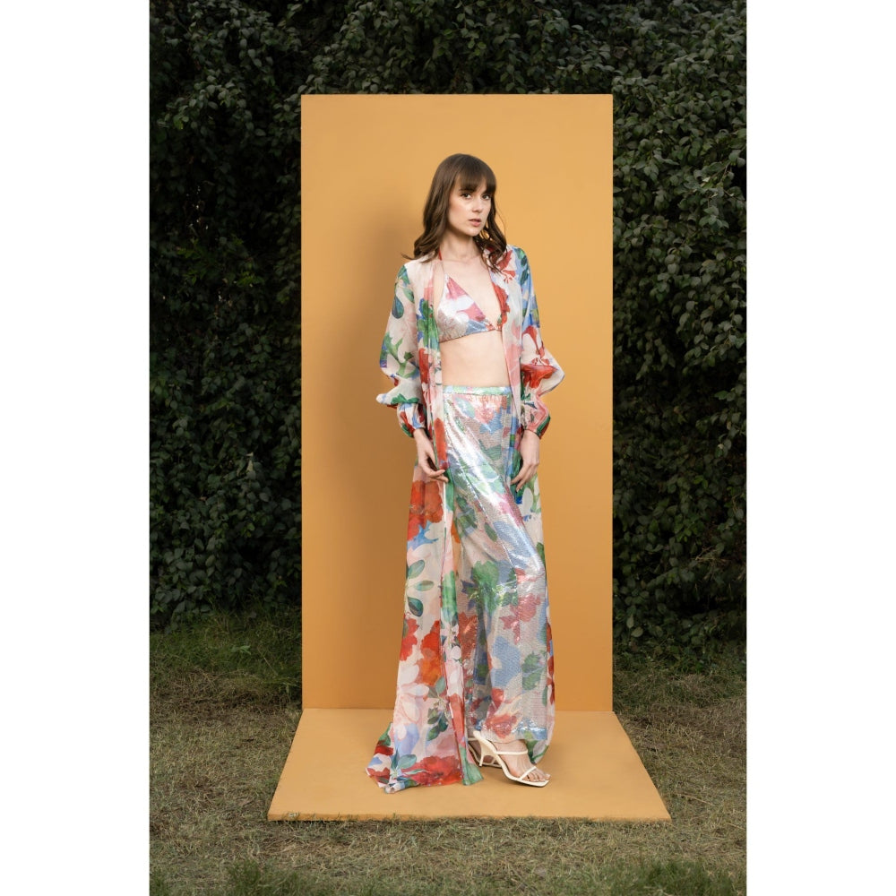MANDIRA WIRK Hibiscus Printed Sequins Bustier And Pants with Organza Cape (Set of 3)