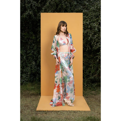 MANDIRA WIRK Hibiscus Printed Sequins Bustier And Pants with Organza Cape (Set of 3)