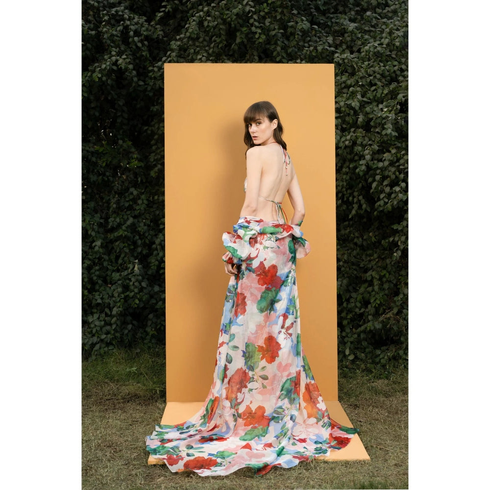 MANDIRA WIRK Hibiscus Printed Sequins Bustier And Pants with Organza Cape (Set of 3)