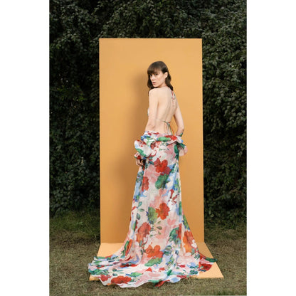 MANDIRA WIRK Hibiscus Printed Sequins Bustier And Pants with Organza Cape (Set of 3)