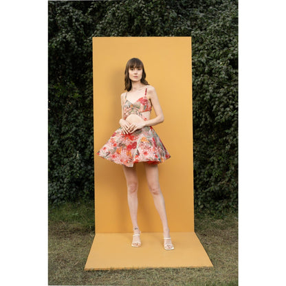 MANDIRA WIRK Dahlia Bouquet Printed Cutwork Organza Printed Short Dress with Cutouts