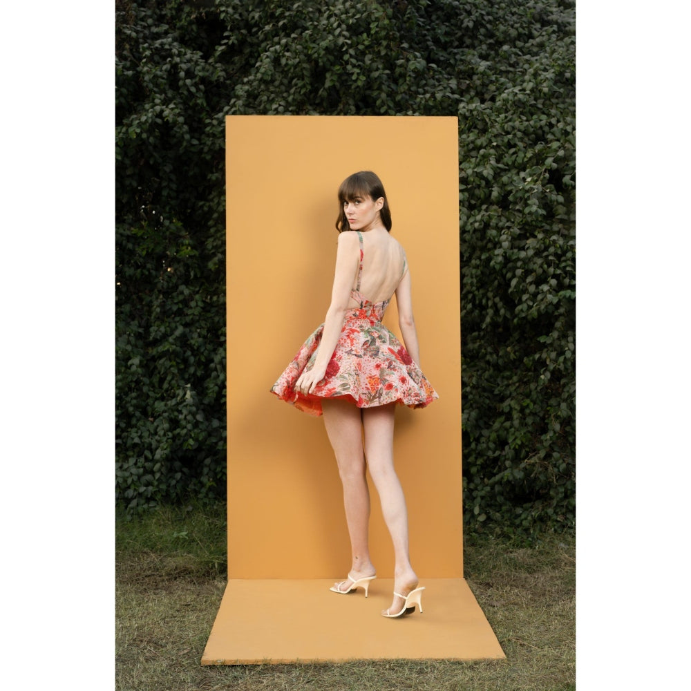 MANDIRA WIRK Dahlia Bouquet Printed Cutwork Organza Printed Short Dress with Cutouts