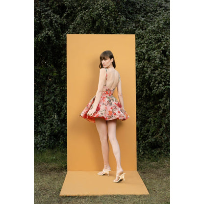 MANDIRA WIRK Dahlia Bouquet Printed Cutwork Organza Printed Short Dress with Cutouts