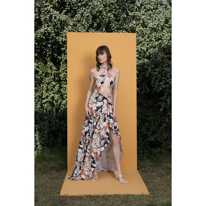 MANDIRA WIRK Black Rose Printed Spandex Dress with Ball Chain Detail